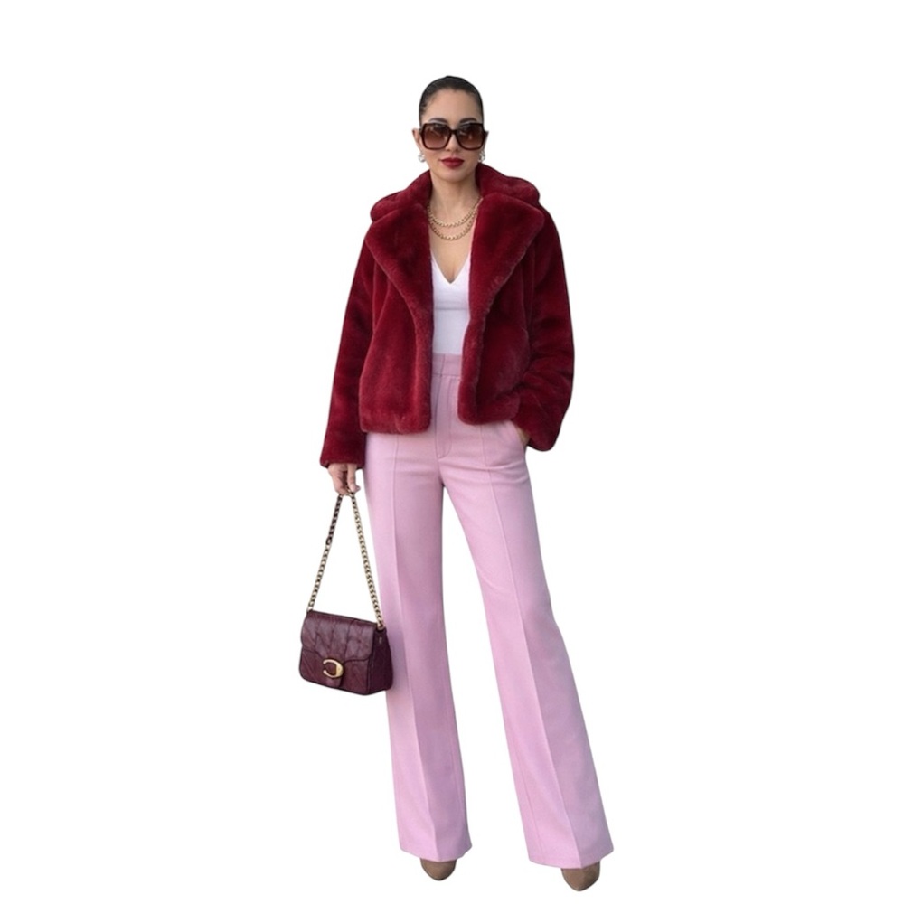 Camila Coelho Faux Fur Coat Burgundy Deep Red Size: Medium